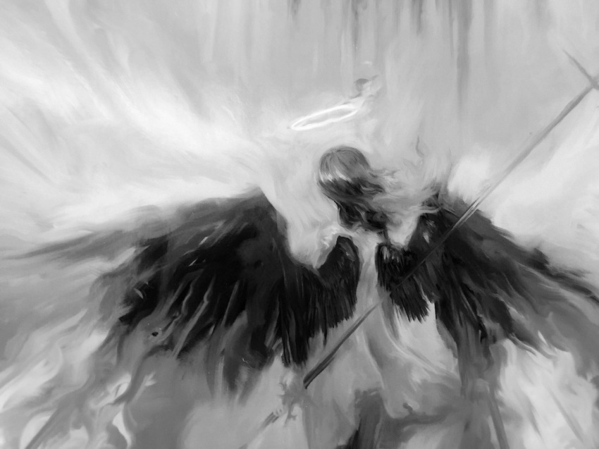 1girl, angel, before_the_fight, black_hair, black_wings, depressed, dress, expressionless