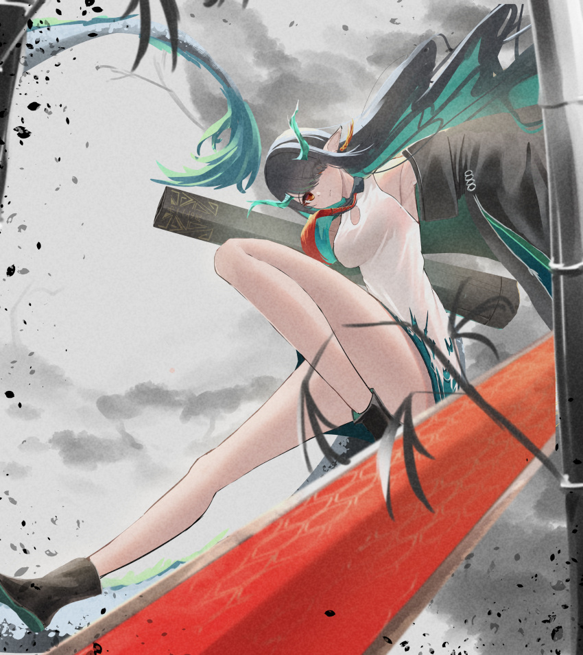 1girl, absurdres, arknights, black_hair, black_jacket, colored_inner_hair, dragon_girl, dragon_horns