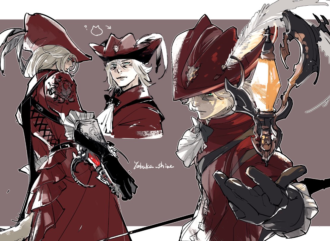 1boy, blue_eyes, cat_tail, coat, cowboy_shot, final_fantasy, final_fantasy_xiv, gauntlets