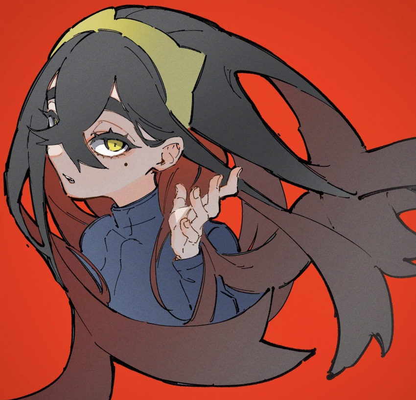 1girl, black_hair, blue_jacket, carmine_(pokemon), colored_inner_hair, cropped_torso, crossed_bangs, hair_between_eyes
