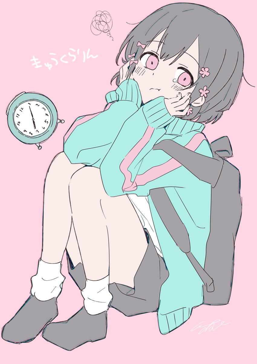 1girl, absurdres, alarm_clock, aqua_jacket, backpack, bag, black_bag, black_footwear