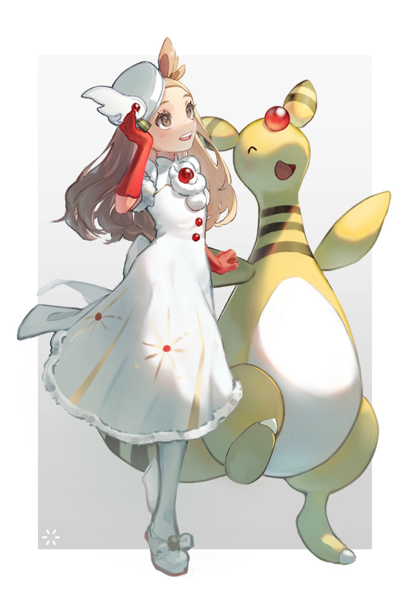 1girl, ampharos, brown_eyes, brown_hair, dress, elbow_gloves, full_body, gloves