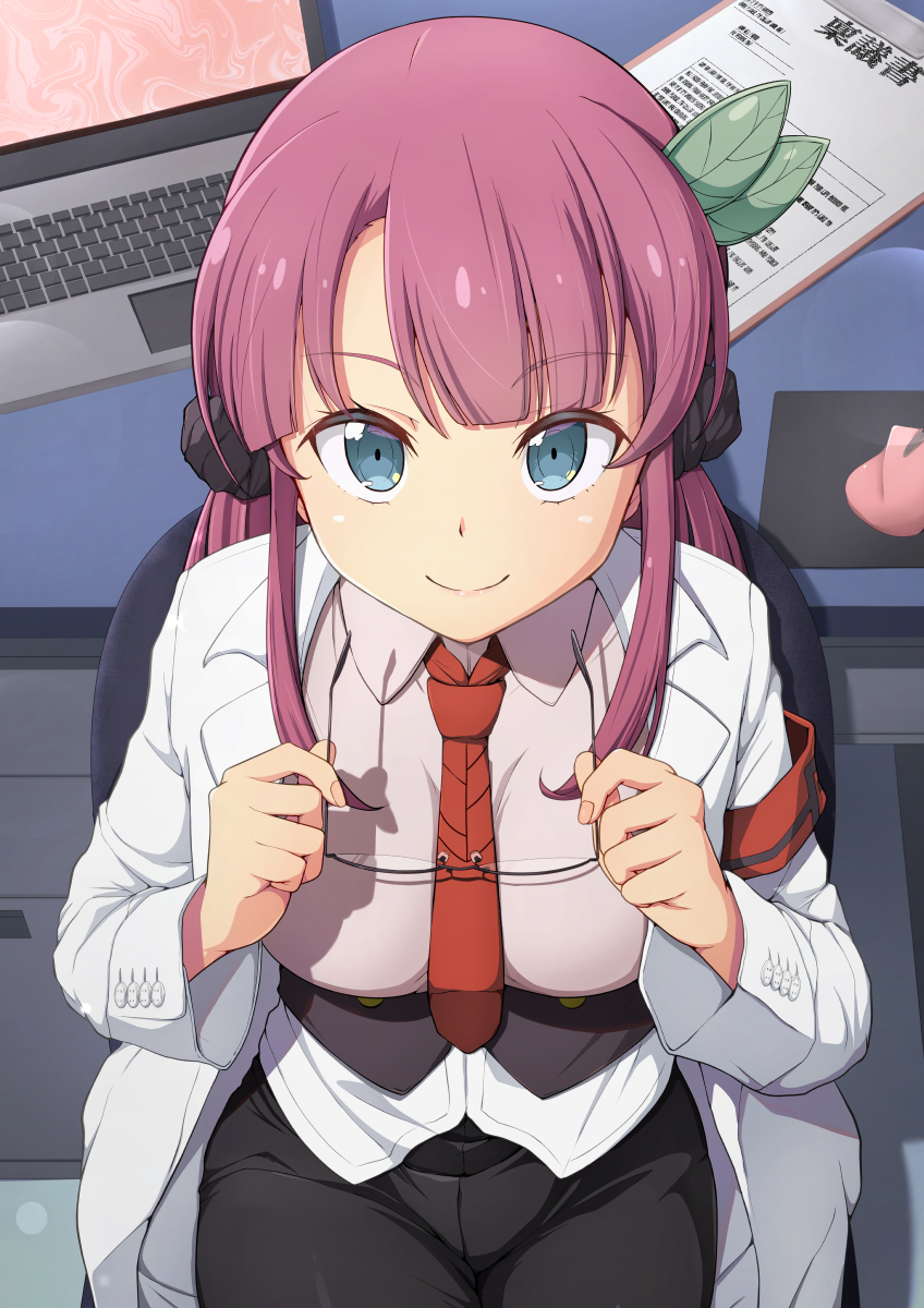 1girl, blue_eyes, breasts, clipboard, computer, computer_mouse, desk, hair_ornament