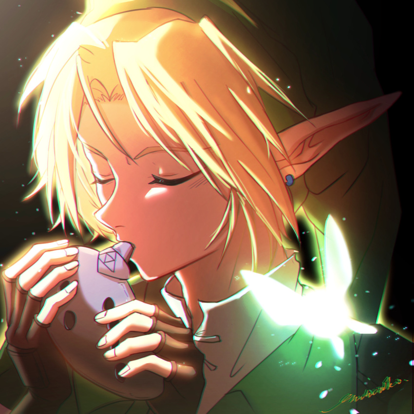 1boy, black_background, bloom, chromatic_aberration, close-up, closed_eyes, fingerless_gloves, gloves