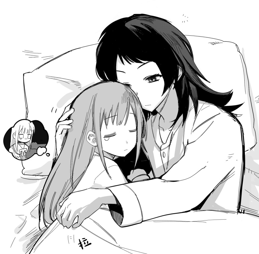 2girls, bang_dream!, bang_dream!_it's_mygo!!!!!, closed_eyes, closed_mouth, commentary, cracy_logan, greyscale
