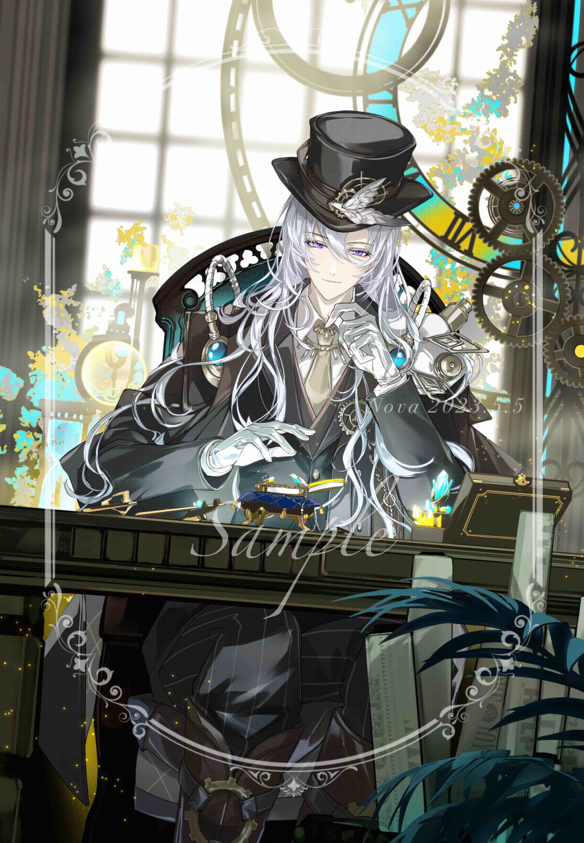 1boy, absurdres, asymmetrical_bangs, bird_hat_ornament, black_cape, black_hat, black_jacket, black_pants