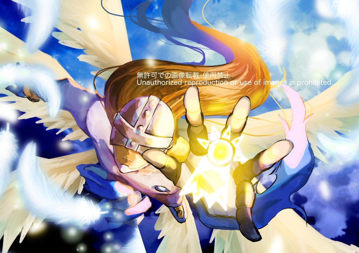 1boy, angel, angel_wings, angemon, bodysuit, brown_hair, covered_eyes, digimon, digimon_(creature), digimon_adventure, feathers, helmet, helmet_over_eyes, igutarou_x, long_hair, looking_at_viewer, midair, multiple_wings, solo, watermark, white_bodysuit, white_feathers, white_wings, wings