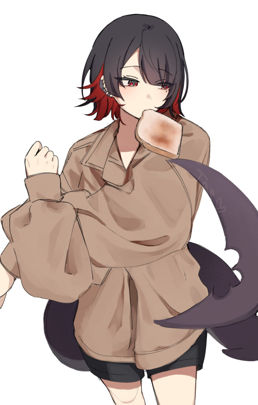 1girl, absurdres, alternate_costume, black_hair, black_shorts, bread, bread_slice, colored_inner_hair
