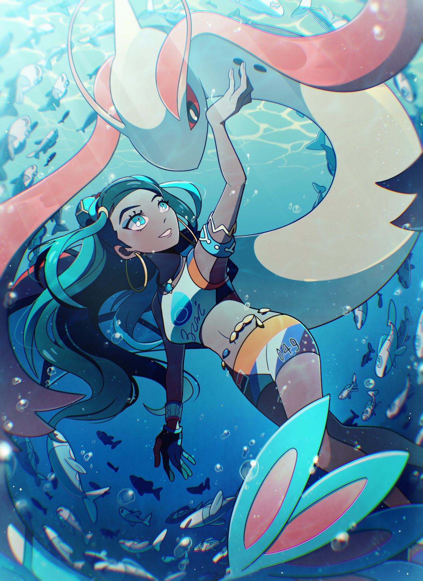 black_hair, blue_eyes, blue_hair, crop_top, dark-skinned_female, dark_skin, earrings, highres, hoop_earrings, jewelry, long_hair, midriff, milotic, multicolored_hair, nessa_(pokemon), parted_lips, pokemon, pokemon_swsh, selyg15, shorts, smile, two-tone_hair, underwater, wishiwashi
