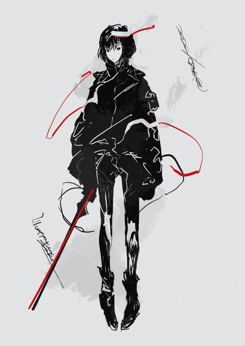 1girl, black_footwear, black_hair, black_jacket, black_pants, black_scales, bob_cut, bomber_jacket