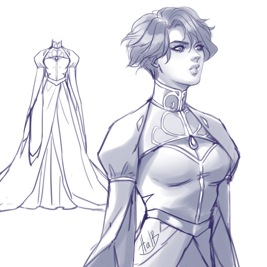 1girl, alternate_costume, bishoujo_senshi_sailor_moon, black_hair, chiba_mamoru, cleavage_cutout, clothing_cutout, commentary, dress, endymion_(sailor_moon), english_commentary, genderswap, genderswap_(mtf), gown, highres, lirahalovna, long_sleeves, looking_to_the_side, mandarin_collar, monochrome, princess, short_hair, signature, simple_background, sketch, solo, upper_body, white_background