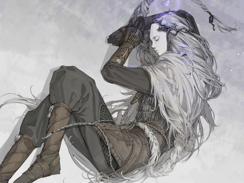 1boy, black_gloves, black_pants, black_shirt, boots, braid, brown_footwear, cloak, elden_ring, elden_ring:_shadow_of_the_erdtree, eureka1812, full_body, gloves, grey_hair, hands_up, highres, long_hair, long_sleeves, lying, male_focus, mask, on_side, pants, profile, shirt, solo, thiollier_(elden_ring), white_cloak