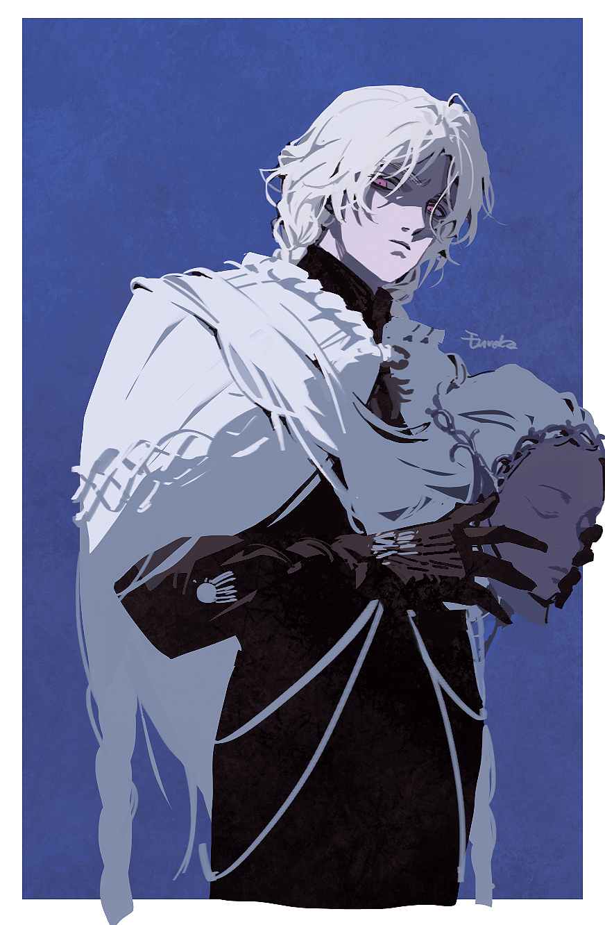 1boy, black_gloves, black_robe, blue_background, cloak, closed_mouth, elden_ring, elden_ring:_shadow_of_the_erdtree