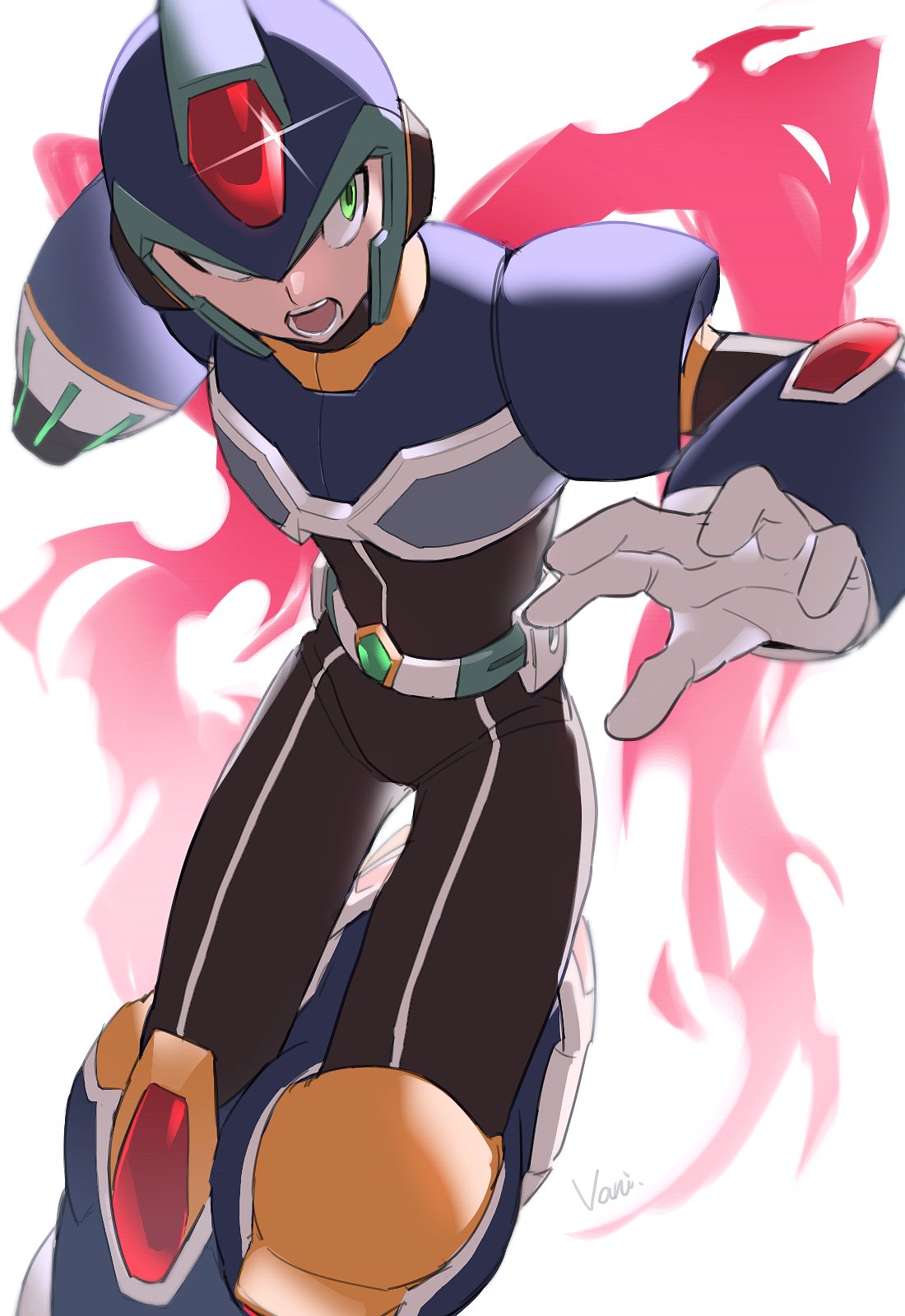 1boy, android, arm_cannon, armor, artist_name, black_bodysuit, blue_armor, blue_helmet