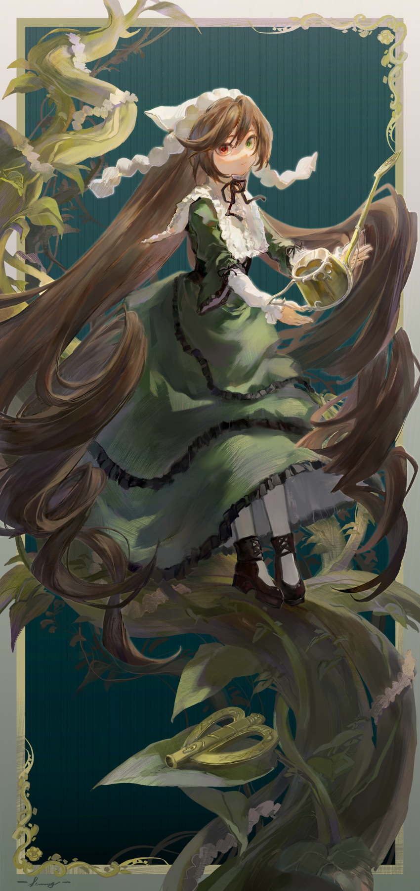 1girl, absurdres, aqua_background, bean_stalk, black_footwear, border, brown_hair, center_frills