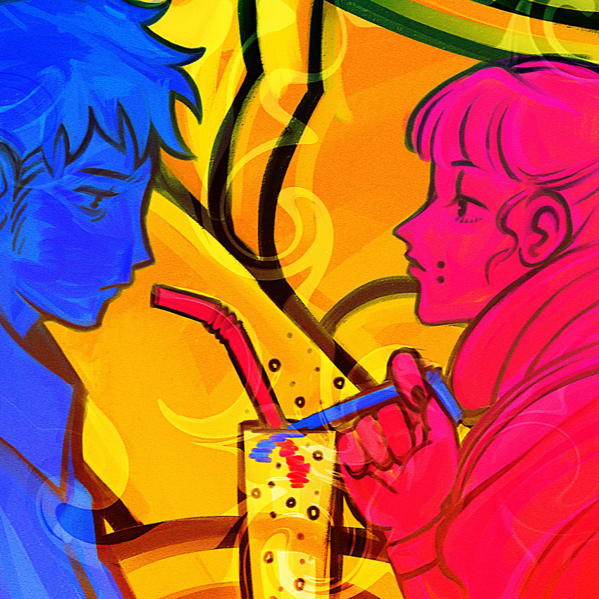 1boy, 1girl, closed_mouth, color_coordination, commentary_request, cup, drinking_straw, fear_&amp;_hunger, fear_&amp;_hunger_2:_termina, fingernails, highres, holding, holding_drinking_straw, jumpsuit, levi_(fear_&amp;_hunger), long_hair, looking_at_another, marina_(fear_&amp;_hunger), mouth_piercing, multiple_monochrome, shared_drink, short_hair, upper_body, valentinemesis, yellow_background
