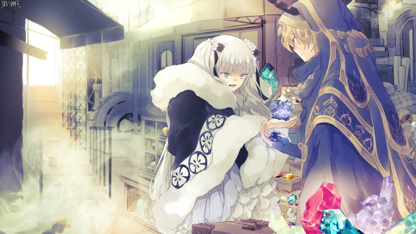 1boy, 1girl, black_coat, black_ribbon, blonde_hair, blue_robe, coat, crystal