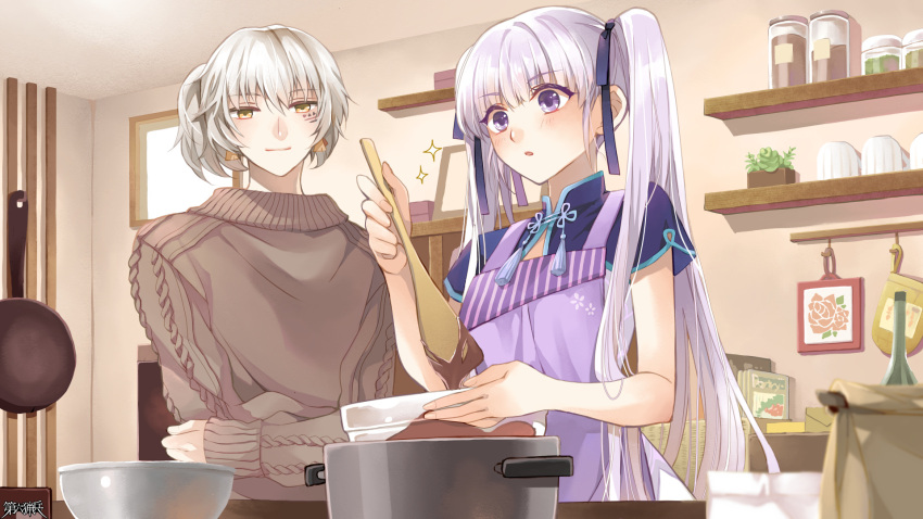 1boy, 1girl, apron, bowl, brown_sweater, cooking, copyright_name, dairoku_ryouhei