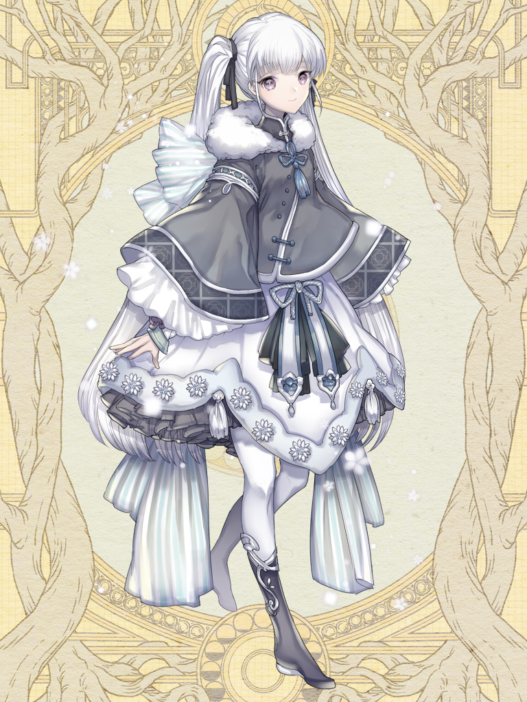 1girl, coat, dairoku_ryouhei, dress, full_body, fur_trim, grey_coat, grey_footwear, hair_ribbon, jack_cocot, long_hair, long_sleeves, nemuria_teas, pantyhose, ribbon, smile, solo, standing, twintails, very_long_hair, violet_eyes, white_hair, white_pantyhose, wide_sleeves, yellow_background