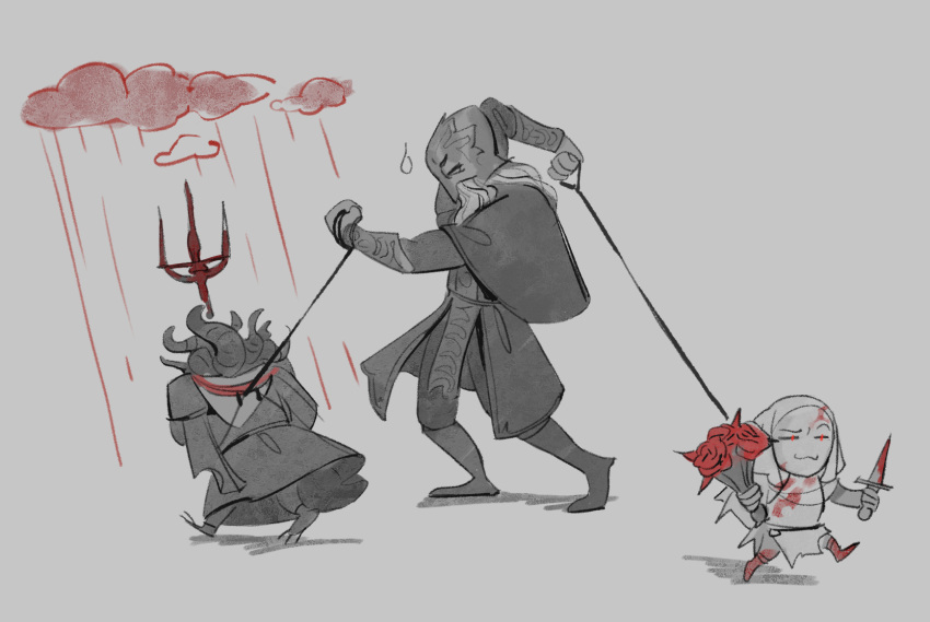 3boys, :3, arm_up, asymmetrical_horns, black_capelet, black_pants, black_robe, blood