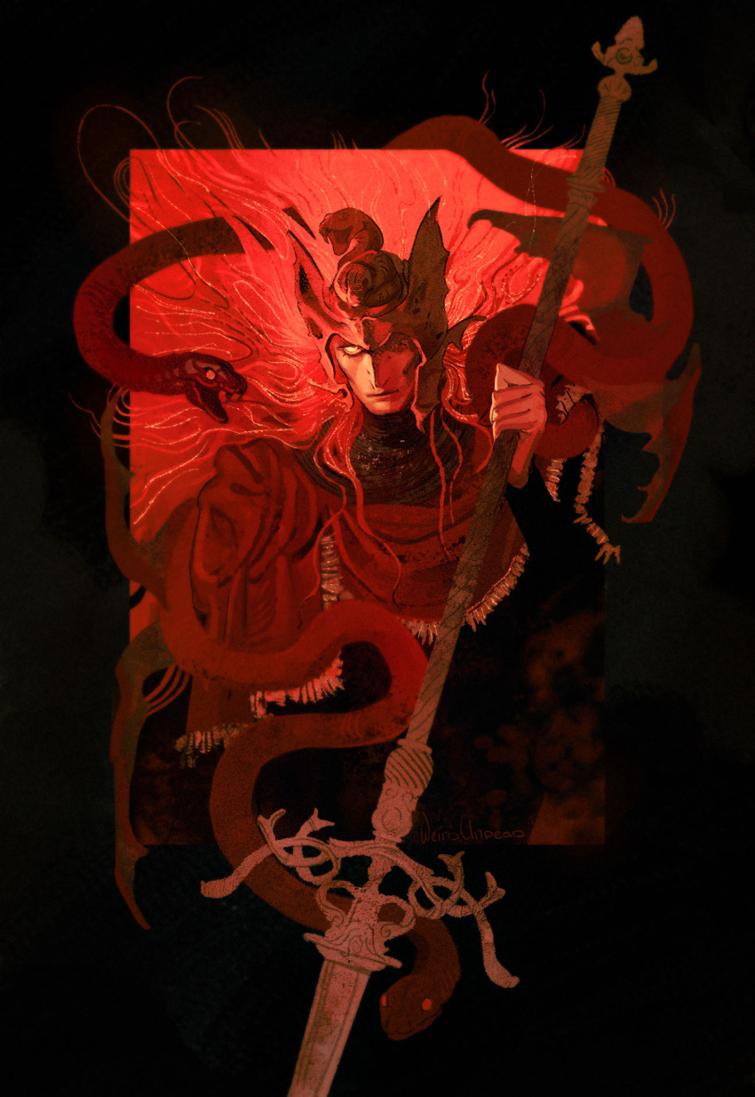 1boy, animal, artist_name, black_background, cloak, closed_mouth, elden_ring, elden_ring:_shadow_of_the_erdtree