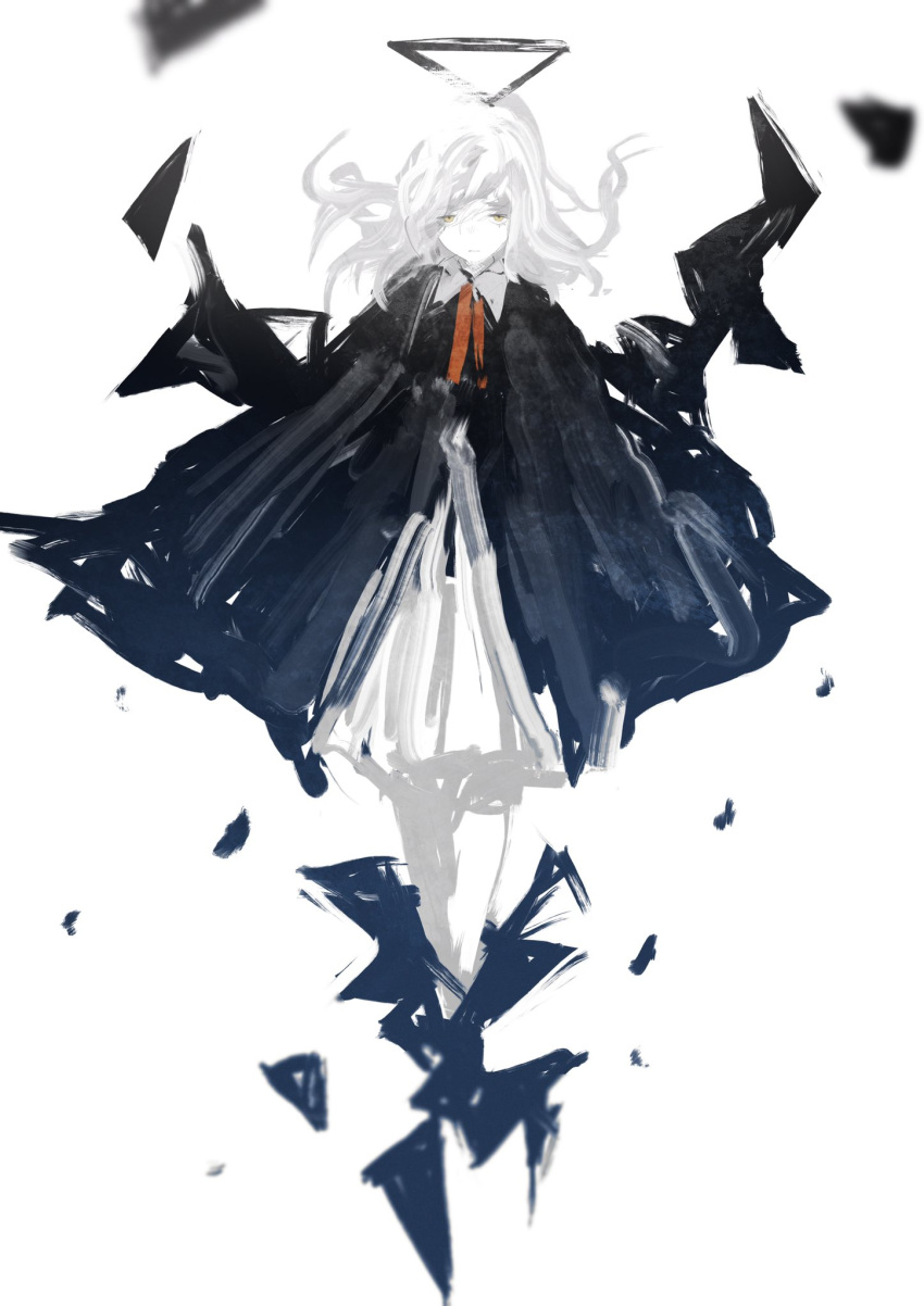 1girl, angry, black_coat, black_scales, check_copyright, coat, copyright_request, debris