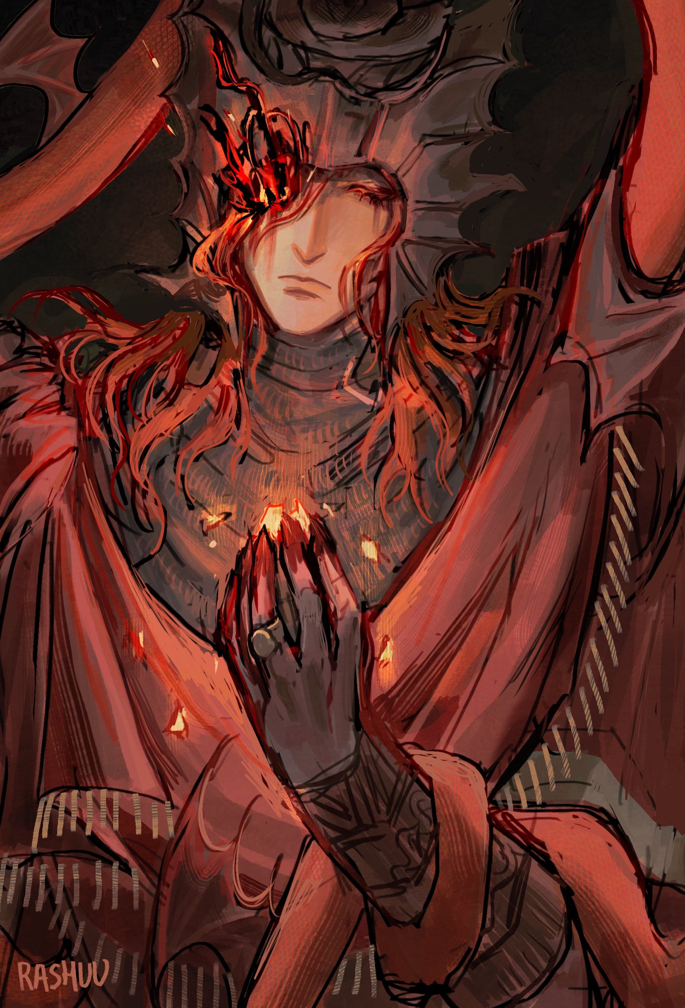 1boy, animal, artist_name, black_background, blood, blood_on_hands, bracer, cloak