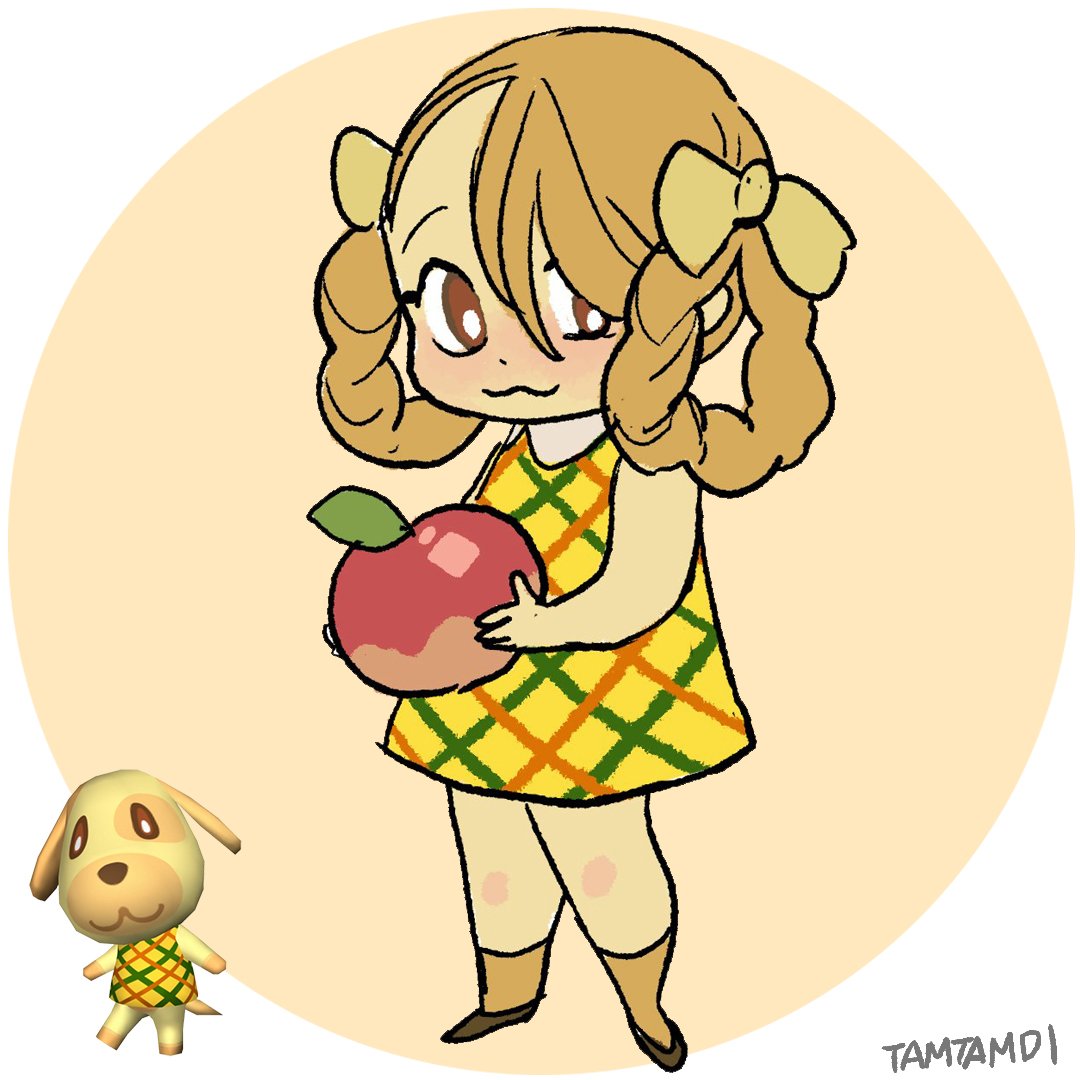 1girl, :3, animal_crossing, apple, blush, braided_hair_rings, bright_pupils, brown_eyes