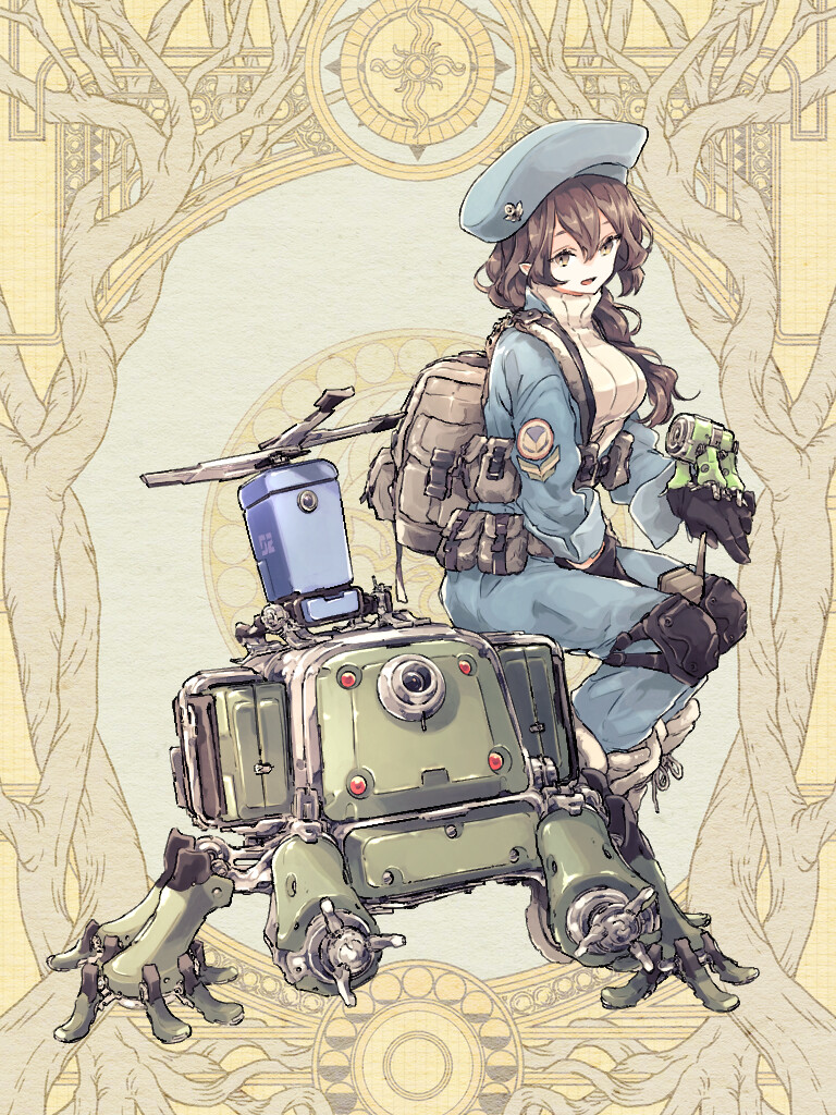 1girl, backpack, bag, black_gloves, blue_hat, blue_jacket, breasts, brown_eyes