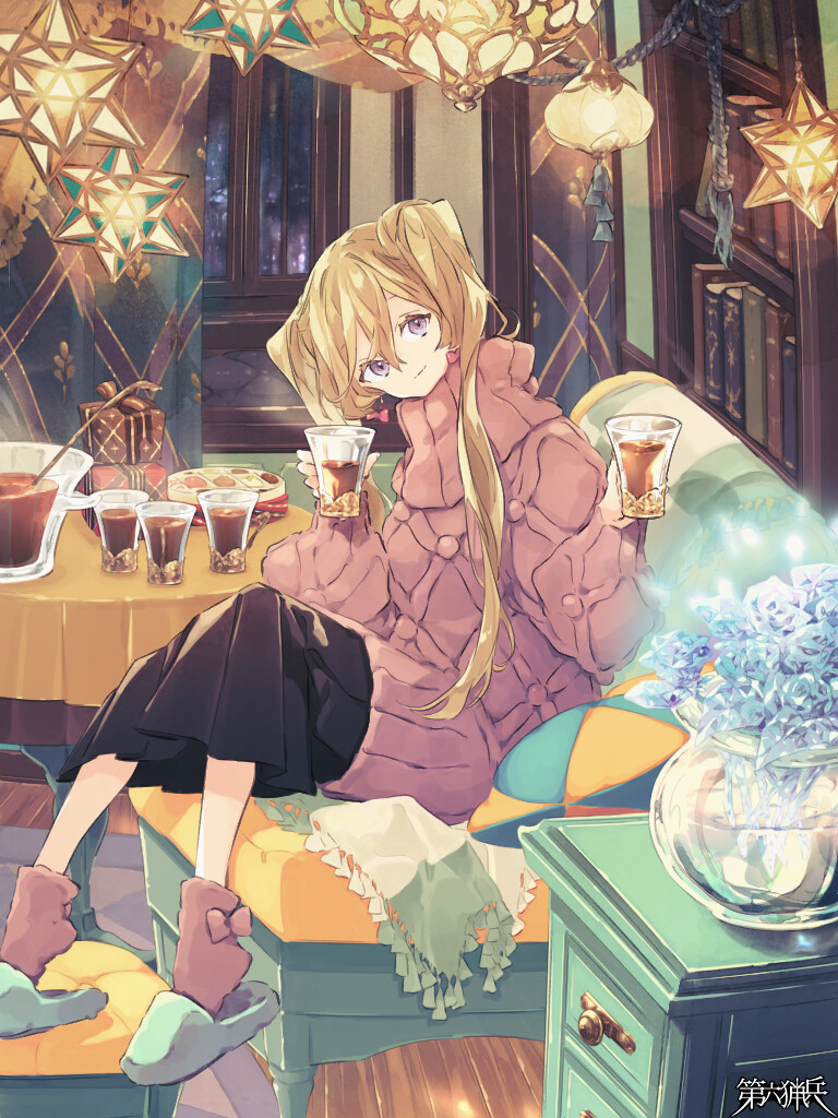 1girl, blonde_hair, bookshelf, bowl, cup, dairoku_ryouhei, drink, gift