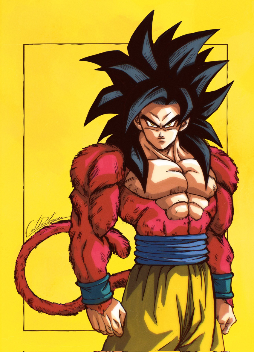 1boy, artist_name, black_hair, blue_sash, body_fur, catdestroyer, cowboy_shot, dragon_ball