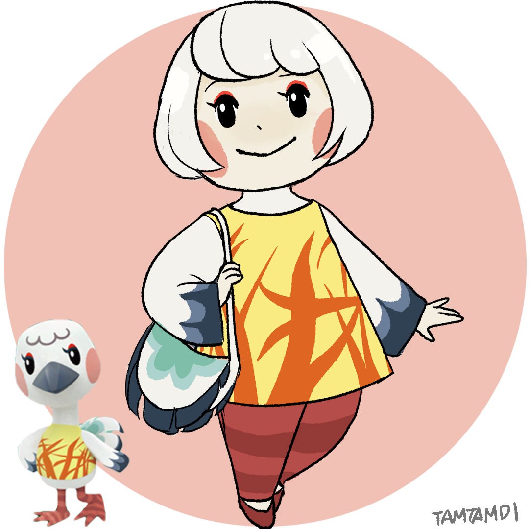 1girl, animal_crossing, bag, blanche_(animal_crossing), blush_stickers, eyelashes, eyeliner, full_body