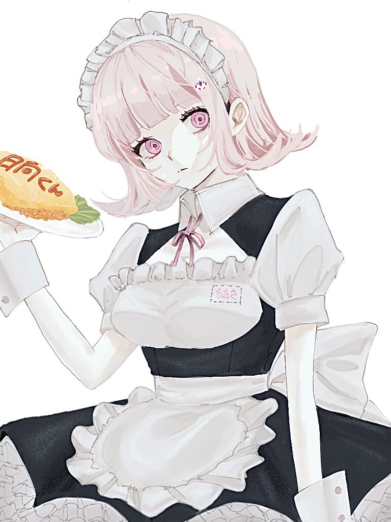 1girl, alternate_costume, apron, black_dress, blunt_bangs, bow, breasts, brown_hair