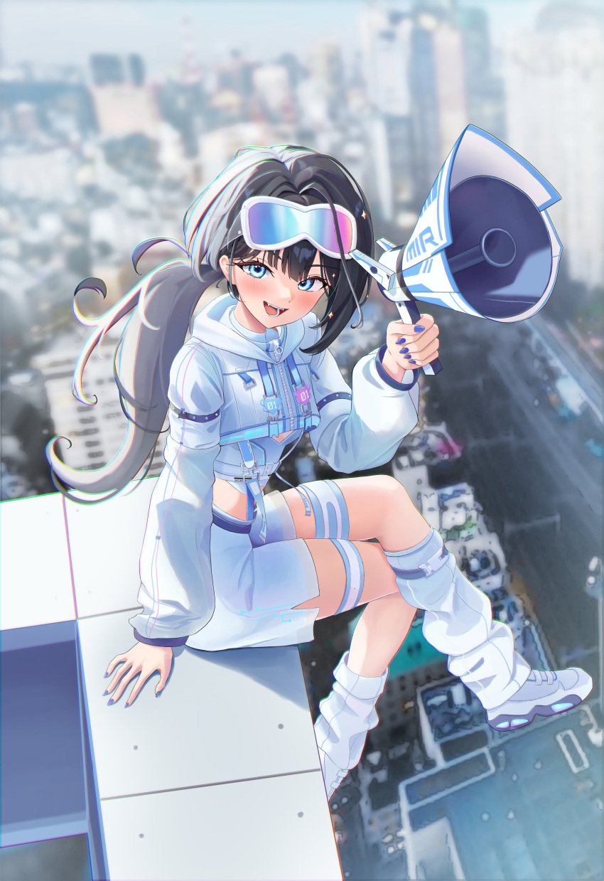1girl, absurdres, black_hair, blue_eyes, blue_nails, blurry, blurry_background, blush