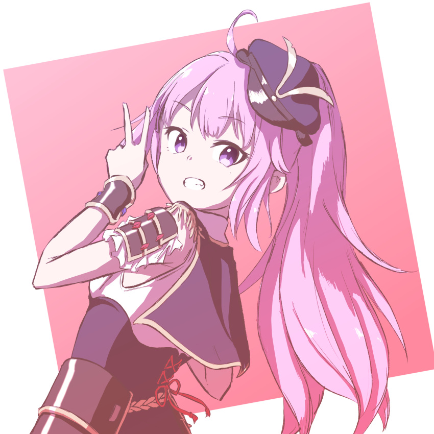 1girl, commentary_request, epaulettes, grin, hand_up, hat, highres, looking_at_viewer
