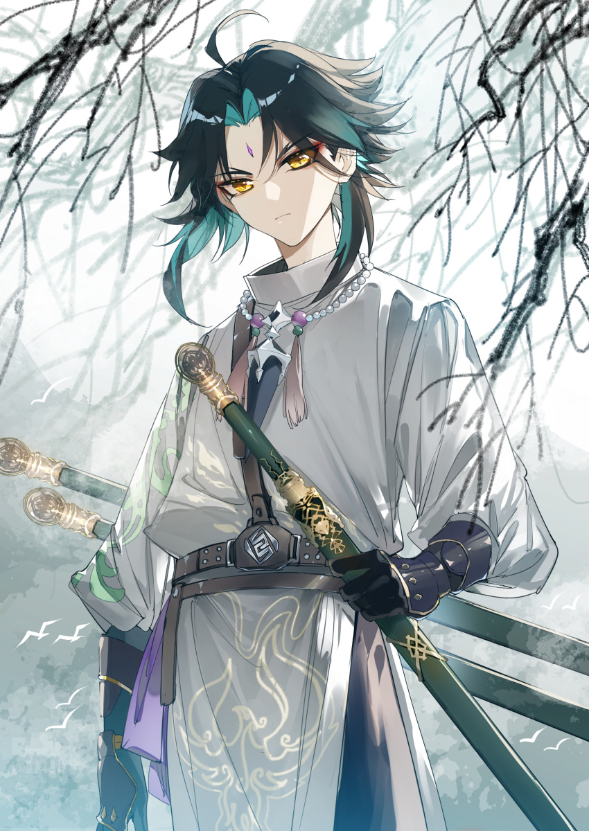 1boy, absurdres, ahoge, alternate_costume, bishounen, chinese_clothes, cowboy_shot, gauntlets
