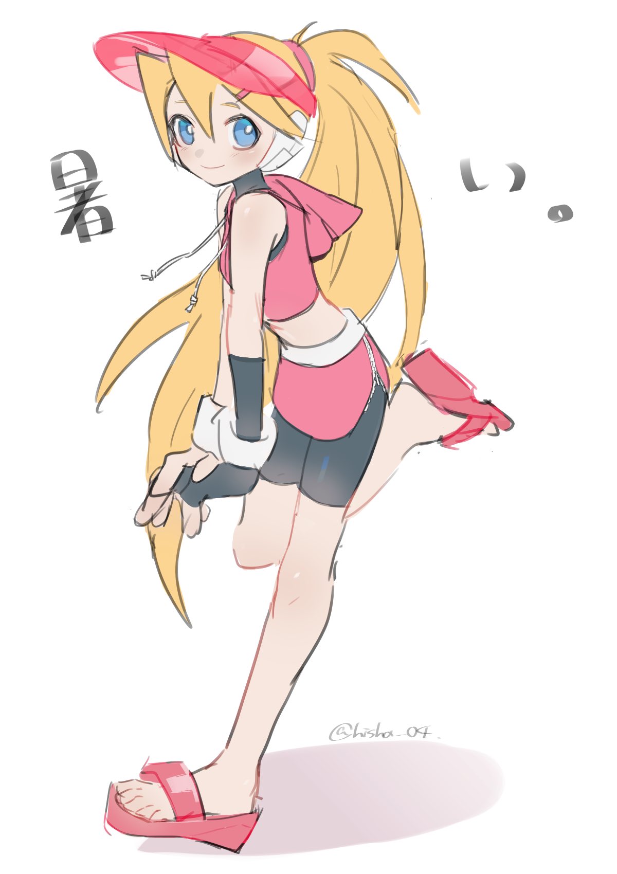 1girl, alternate_costume, bike_shorts, black_gloves, black_shorts, blonde_hair, blue_eyes, capcom