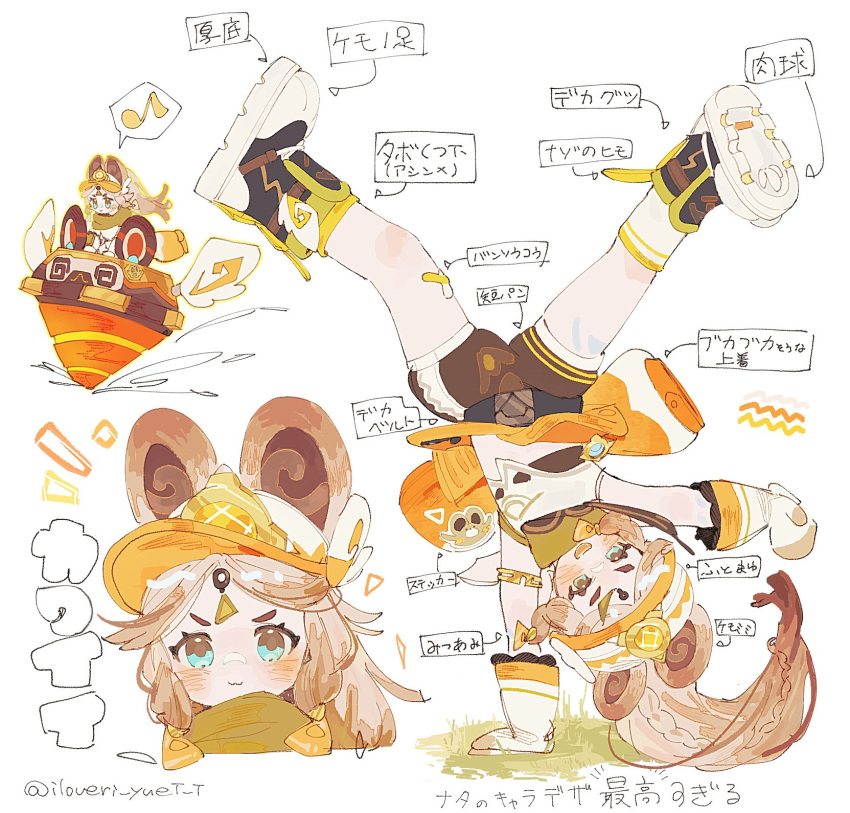 1girl, :3, animal_ears, armlet, bandaid, bandaid_on_knee, bandaid_on_leg, blue_eyes, brown_eyes, brown_shorts, commentary, crop_top, crossed_bandaids, eighth_note, full_body, genshin_impact, gloves, handstand, highres, iloveri_yuet_t, jewelry, kachina_(genshin_impact), light_brown_hair, long_hair, looking_at_viewer, multiple_views, musical_note, notice_lines, one_arm_handstand, riding, shoes, shorts, simple_background, sleeveless, smile, sneakers, spoken_musical_note, translation_request, twitter_username, two-tone_eyes, v-shaped_eyebrows, visor_cap, white_background