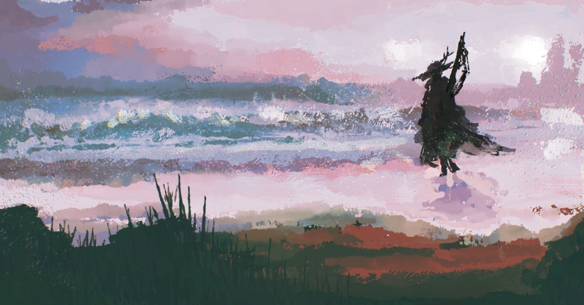 1girl, abstract, final_fantasy, final_fantasy_xiv, hat, lno408, ocean, outdoors, painterly, pink_sky, reaper_(final_fantasy), scenery, shore, silhouette, sky, solo, standing, wide_shot, zero_(ff14)