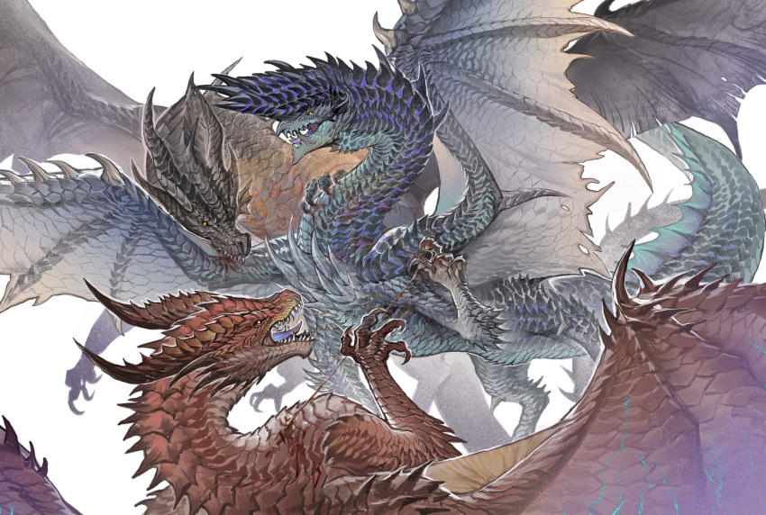 alatreon, animal_focus, battle, biting, black_scales, bleeding, blood, claws