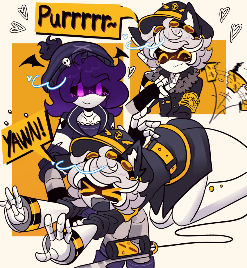1boy, 1girl, android, animal_ears, armband, black_footwear, black_hat, black_jacket