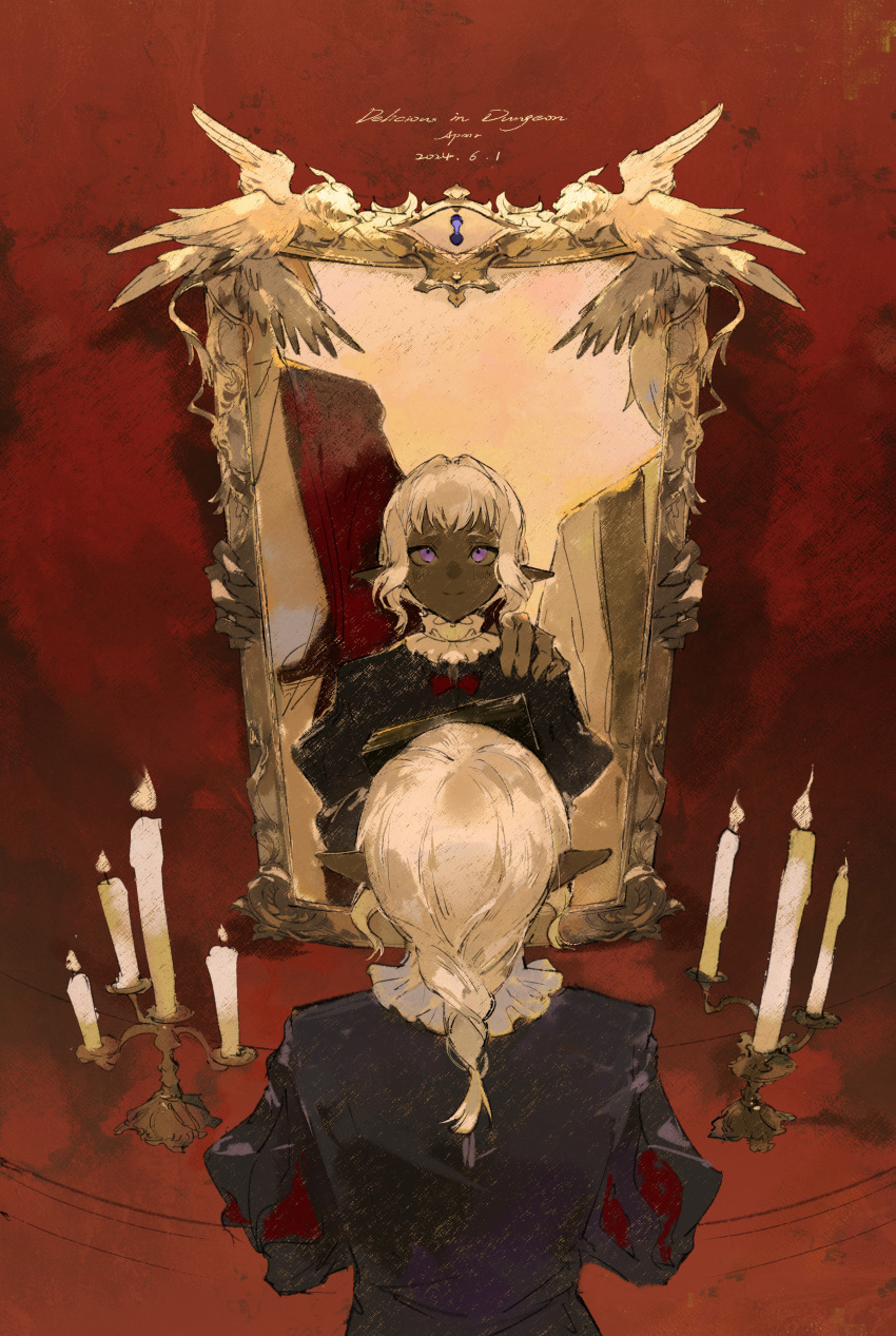 3boys, absurdres, androgynous, book, braid, candelabra, candle, candlestand