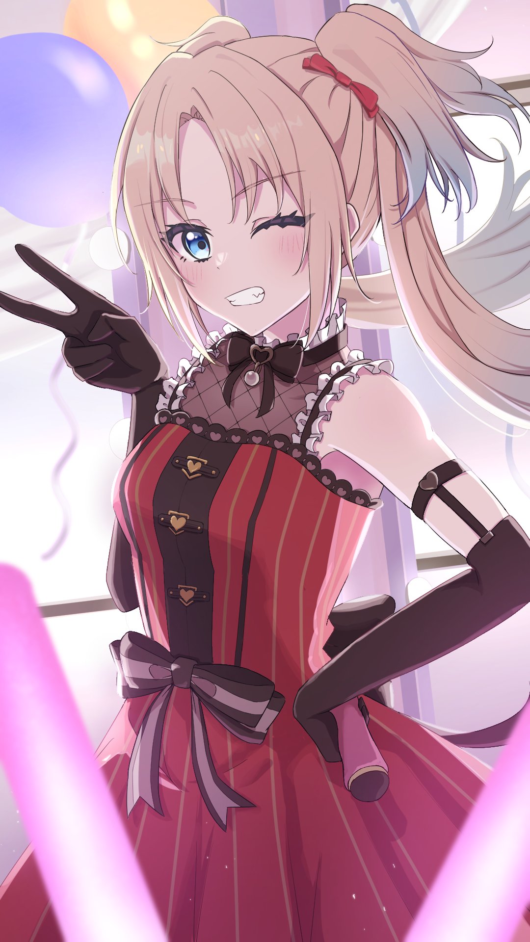 1girl, ;d, arm_garter, balloon, black_bow, black_bowtie, black_gloves, blonde_hair