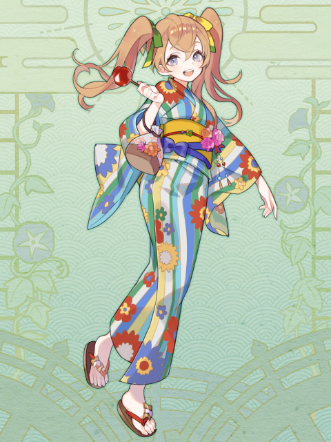 1girl, :d, candy_apple, dairoku_ryouhei, floral_print_kimono, food, green_background, grey_eyes