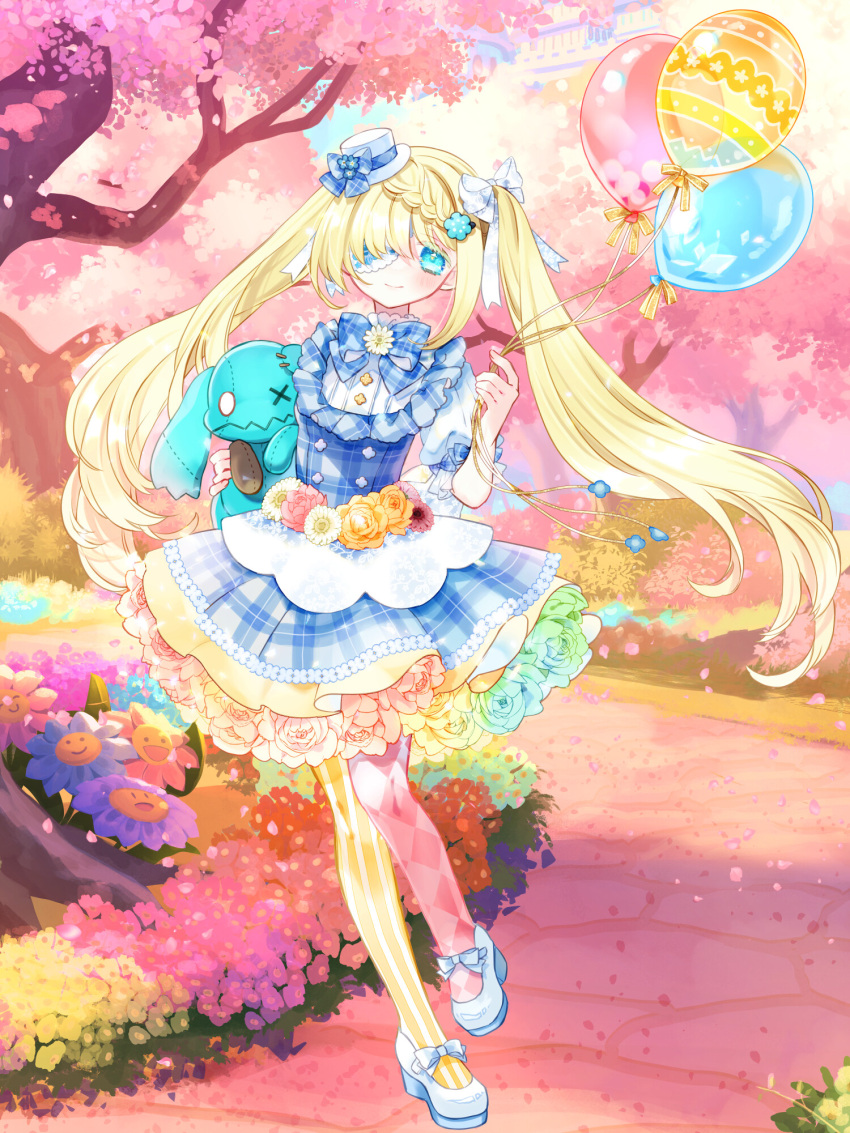 1girl, aokana_sawa, asymmetrical_legwear, balloon, blonde_hair, blue_bow, blue_eyes, bow