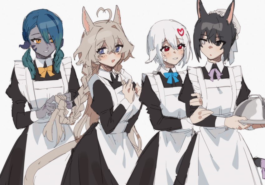 4girls, animal_ears, apron, au_ra, black_eyes, black_hair, blue_eyes, blue_hair
