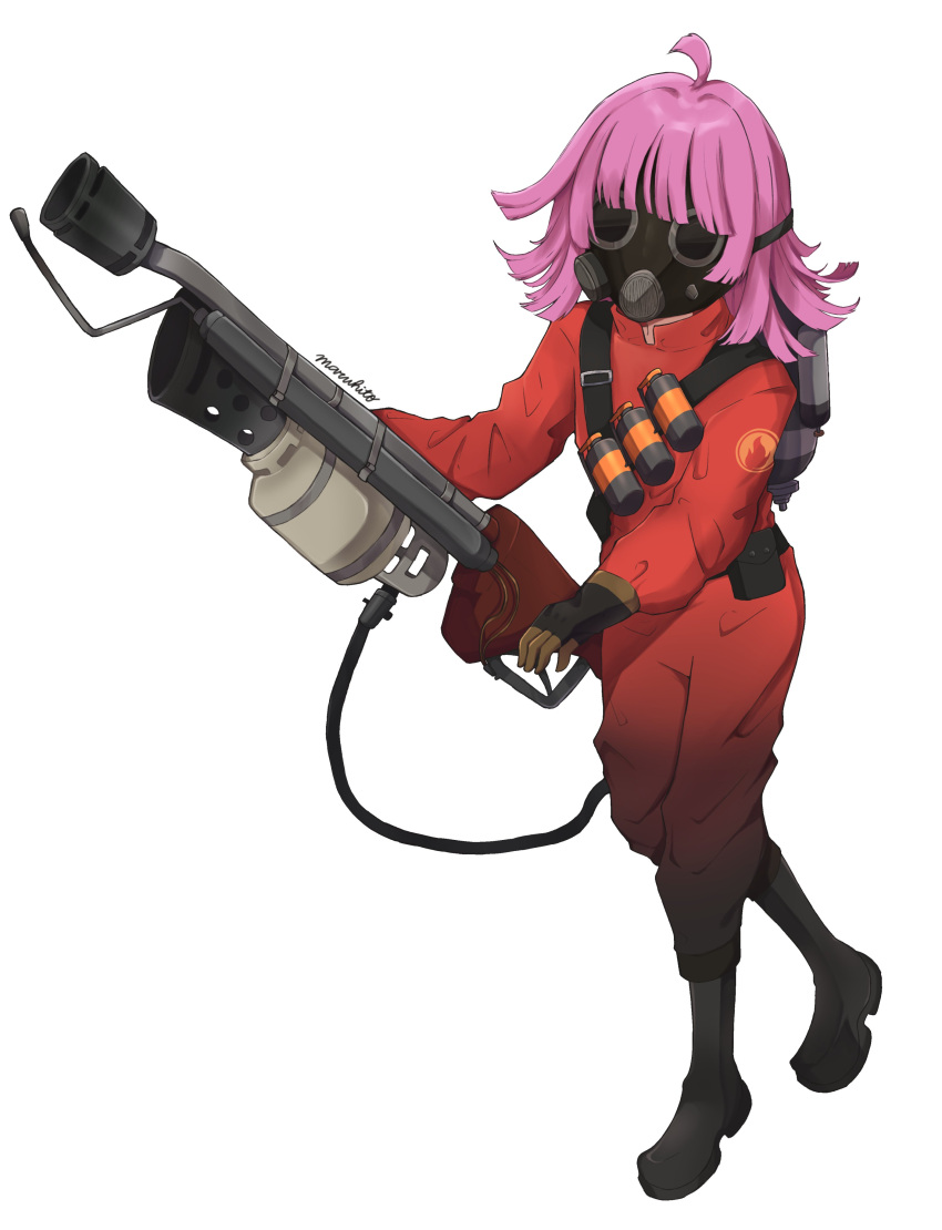 1girl, :|, absurdres, ahoge, ankle_boots, artist_name, black_footwear, blunt_bangs