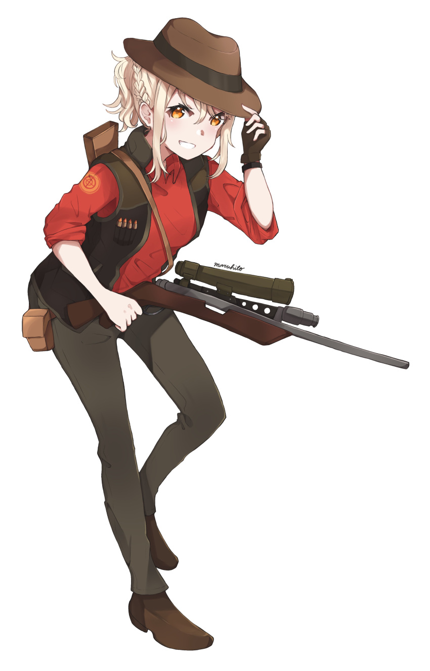 1girl, :d, absurdres, artist_name, blonde_hair, brown_footwear, brown_gloves, brown_hat