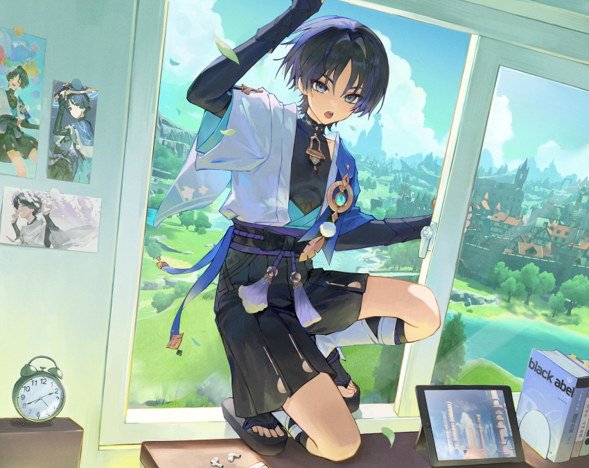 1boy, absurdres, alarm_clock, arm_up, armor, belt, black_bodysuit, black_bow