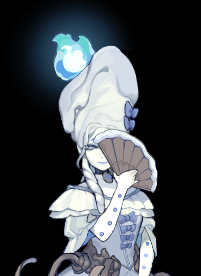 1girl, black_background, black_choker, blue_bow, blue_eyes, blue_fire, blue_lips, bow, candelabra, candle, candlestand, choker, closed_mouth, covering_one_eye, dress, dress_bow, drill_hair, drill_sidelocks, elbow_gloves, fire, folding_fan, gloves, gown, hair_bow, hand_fan, holding, holding_fan, jiayeshisanlunncfen, liquid_hair, off-shoulder_dress, off_shoulder, original, pendant_choker, personification, pouf_(hairstyle), puffy_short_sleeves, puffy_sleeves, short_sleeves, sidelocks, simple_background, smile, solo, updo, upper_body, wax, white_dress, white_gloves, white_hair